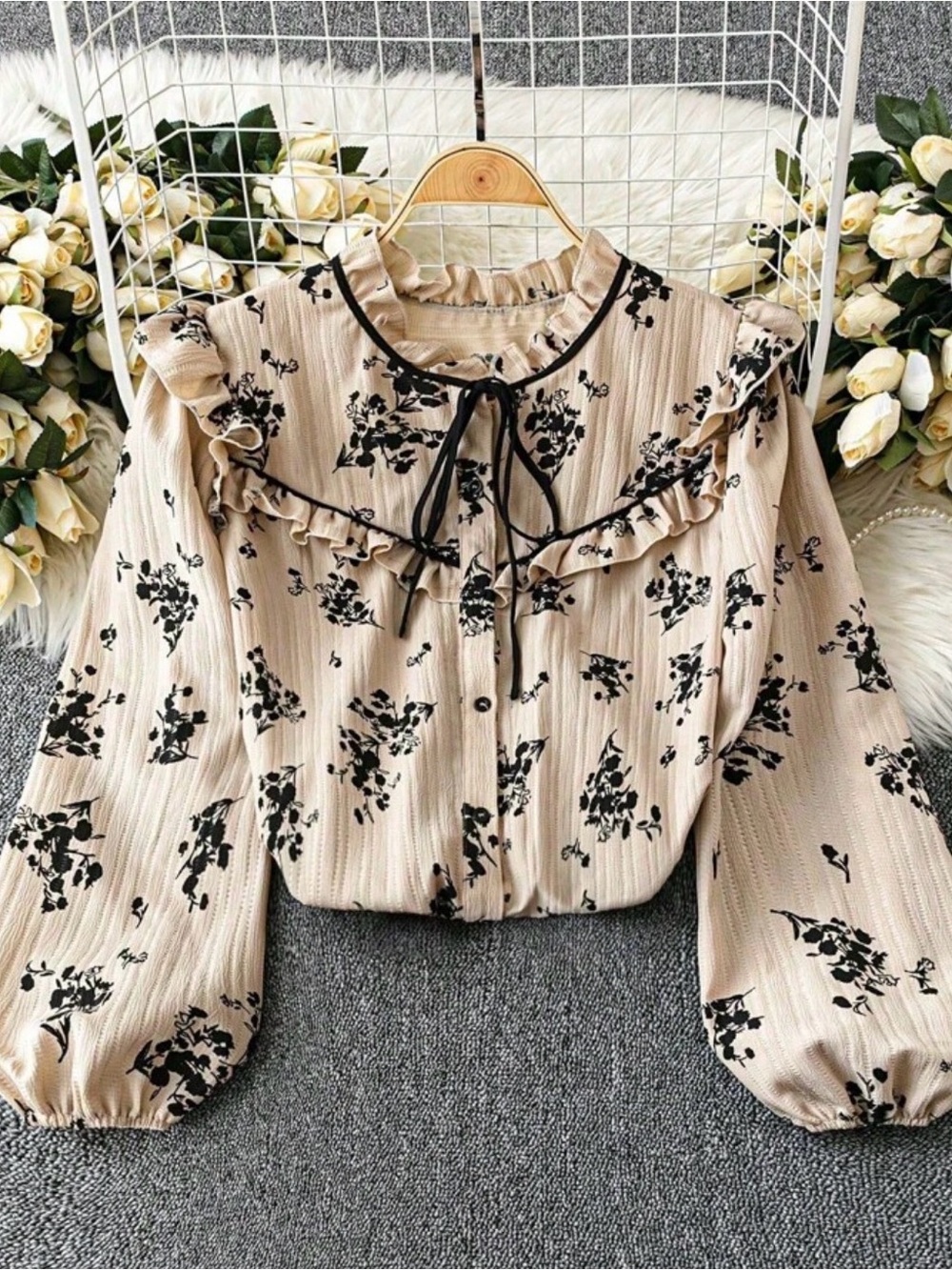 Women’s Floral Ruffle Tie-Neck Blouse - Beige with Black Print